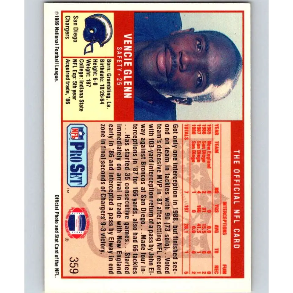 1989 Pro Set #359 Vencie Glenn NM-MT San Diego Chargers Football Card Image 2