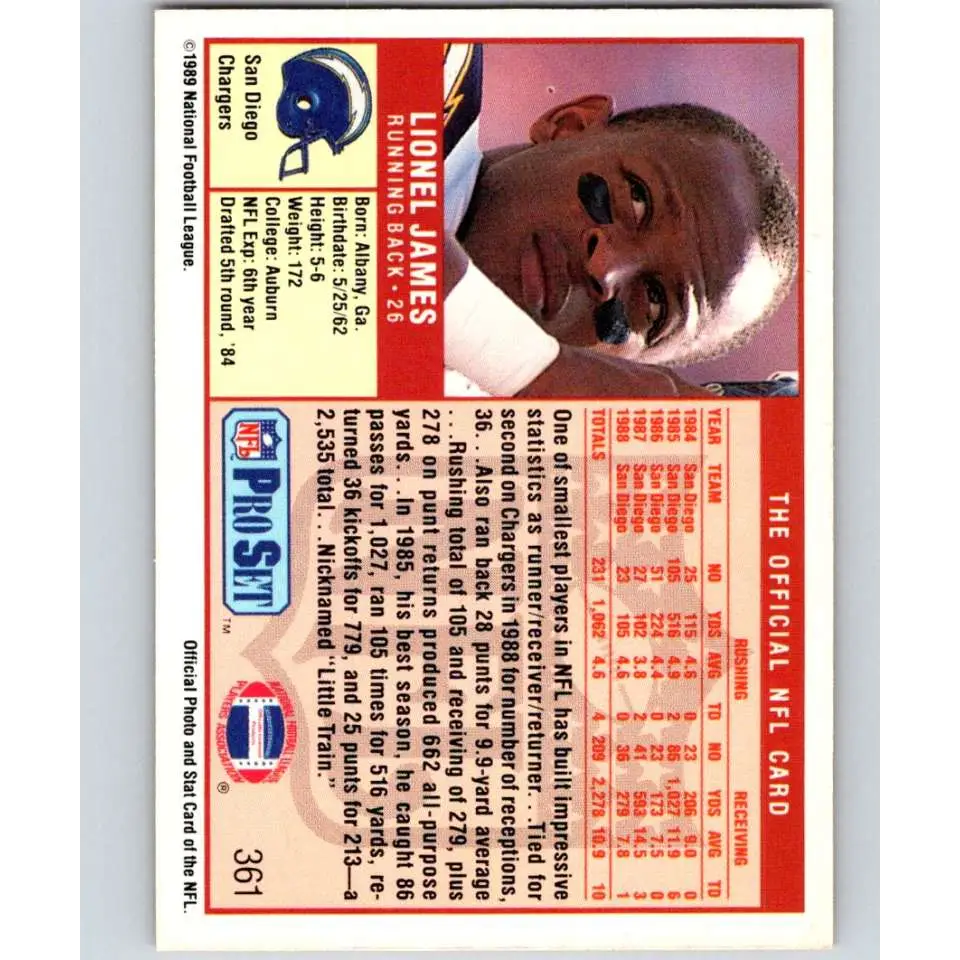 1989 Pro Set #361 Lionel James NM-MT San Diego Chargers Football Card Image 2