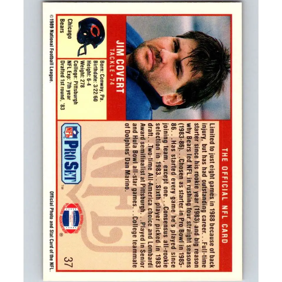 1989 Pro Set #37 Jim Covert NM-MT Chicago Bears Football Card Image 2