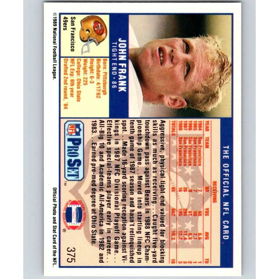 1989 Pro Set #375 John Frank NM-MT San Francisco 49ers Football Card Image 2