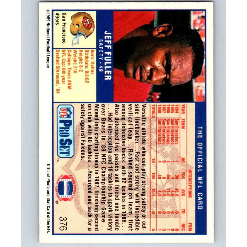 1989 Pro Set #376 Jeff Fuller NM-MT San Francisco 49ers Football Card Image 2