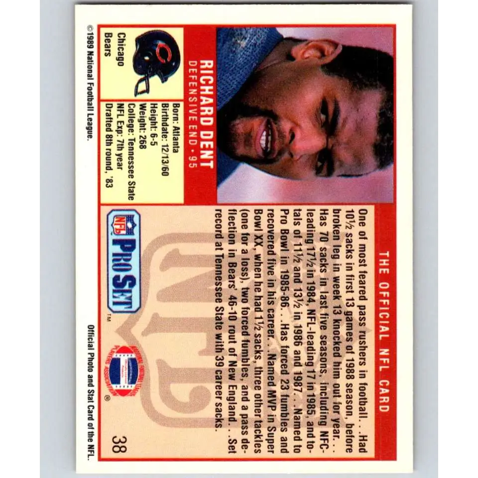 1989 Pro Set #38 Richard Dent NM-MT Chicago Bears Football Card Image 2