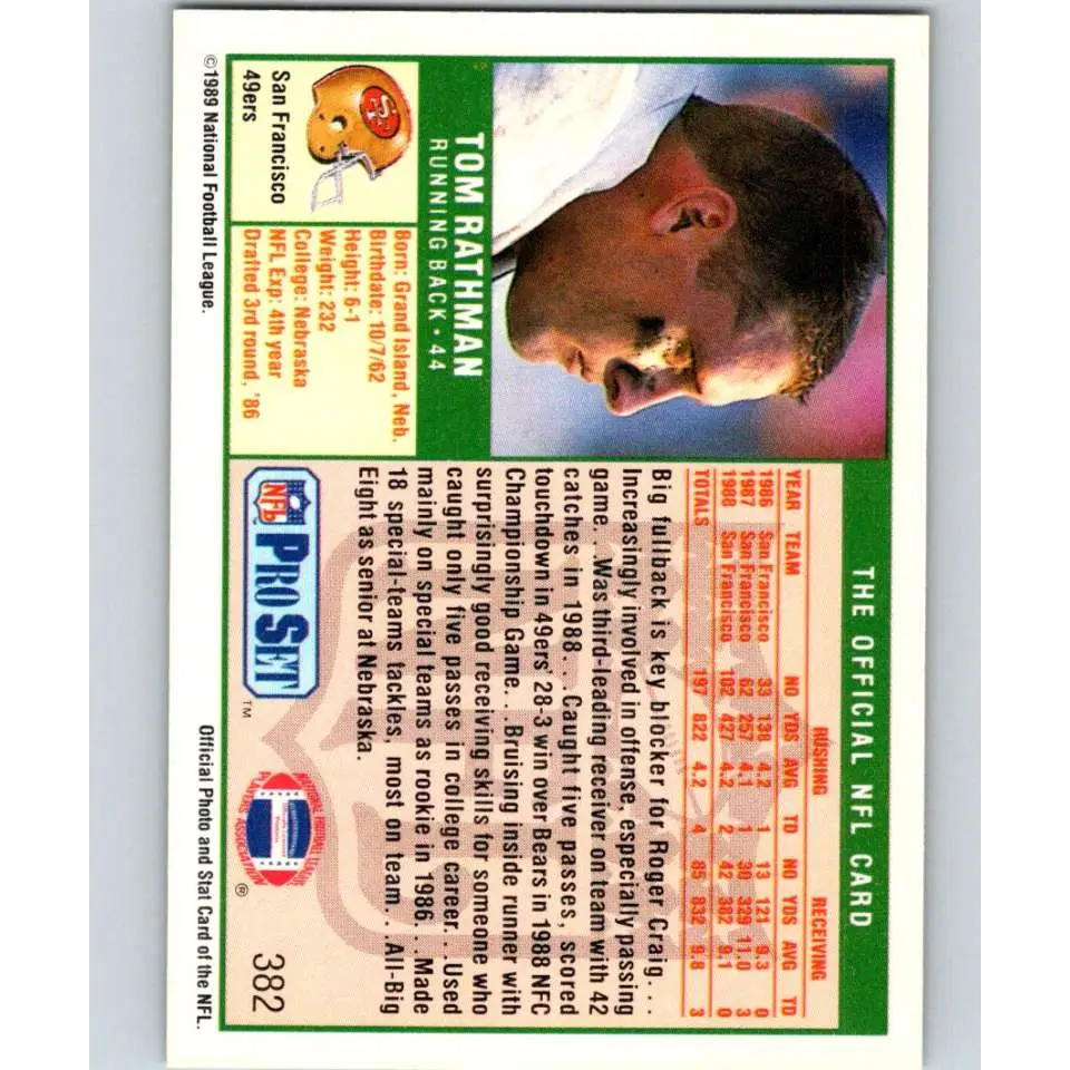 1989 Pro Set #382 Tom Rathman NM-MT San Francisco 49ers Football Card Image 2