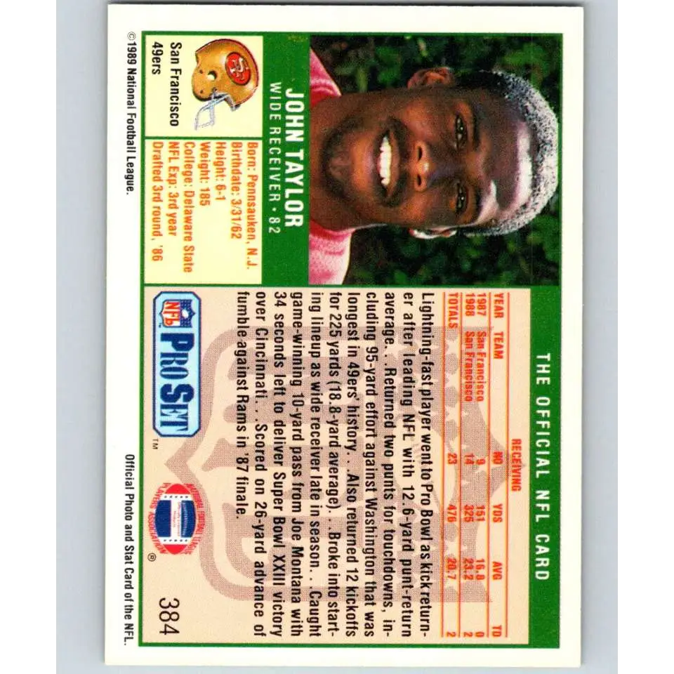 1989 Pro Set #384 John Taylor NM-MT RC Rookie San Francisco 49ers Football Card Image 2