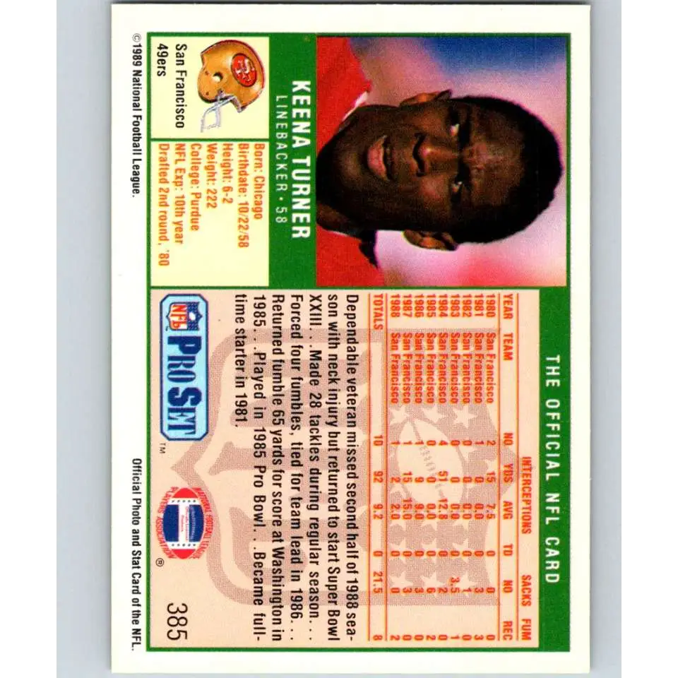 1989 Pro Set #385 Keena Turner NM-MT San Francisco 49ers Football Card Image 2