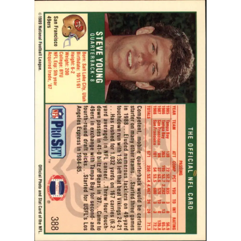 1989 Pro Set #388 Steve Young NM-MT San Francisco 49ers Football Card Image 2