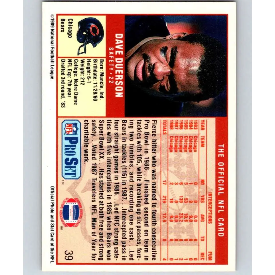 1989 Pro Set #39 Dave Duerson NM-MT Chicago Bears Football Card Image 2