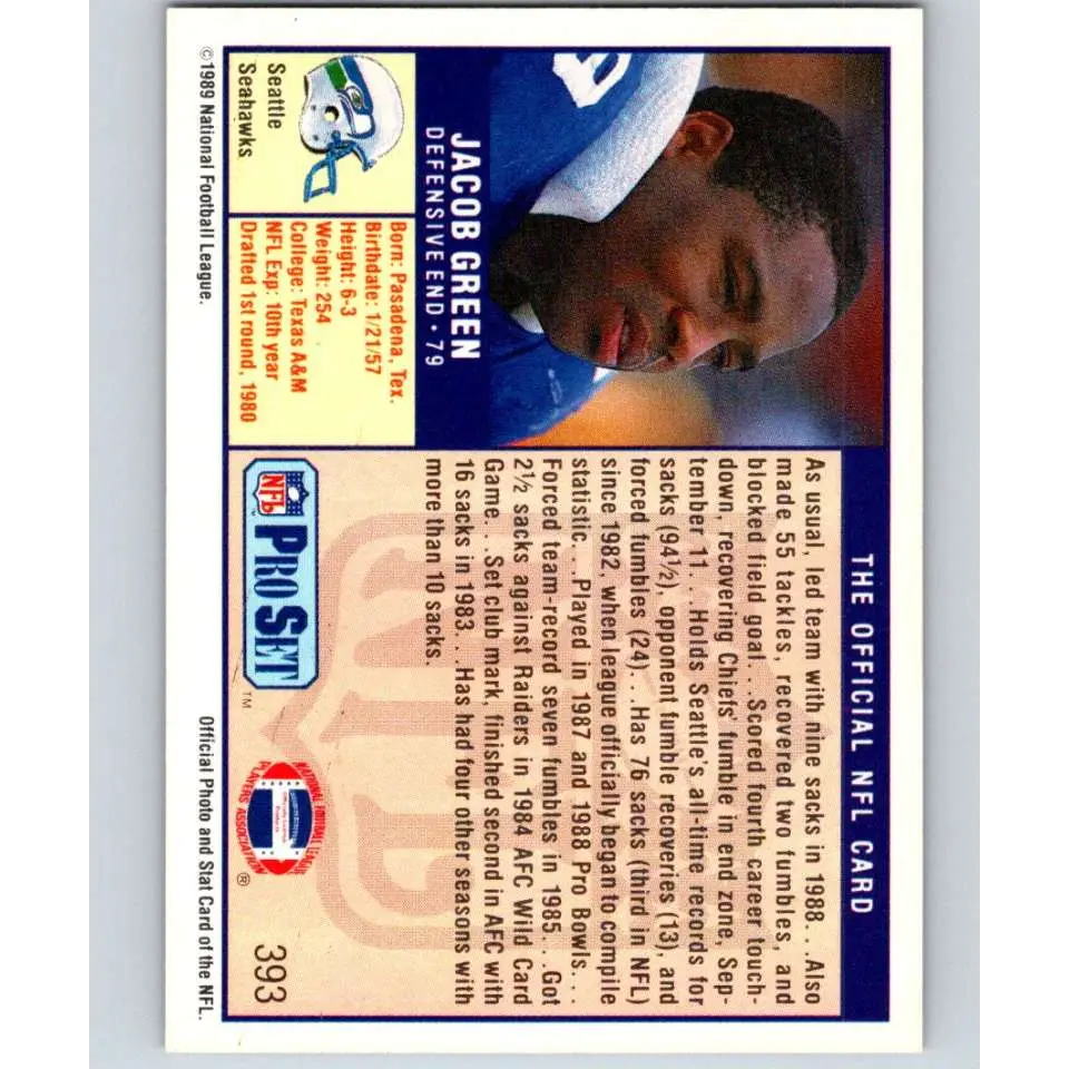 1989 Pro Set #393 Jacob Green NM-MT Seattle Seahawks Football Card Image 2