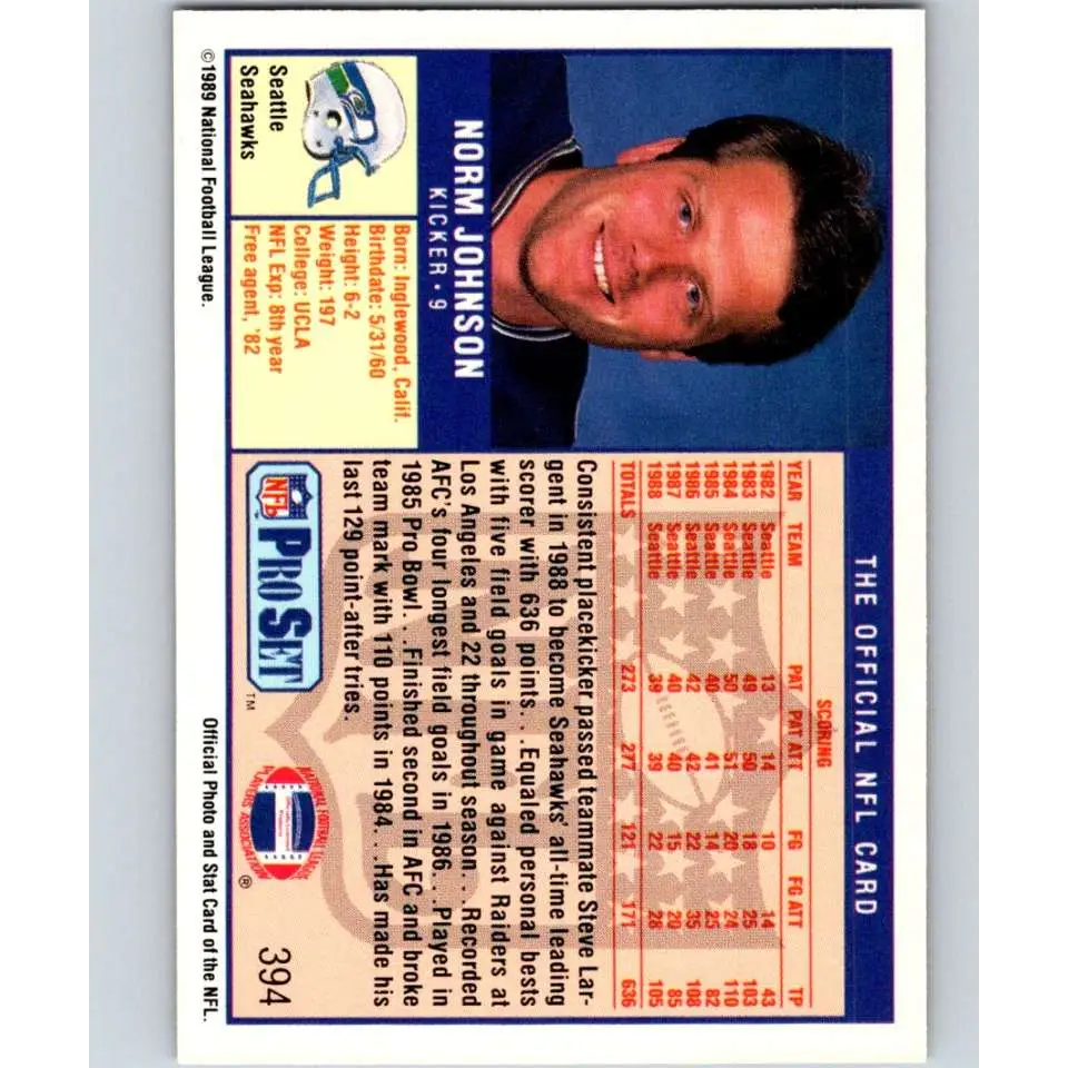 1989 Pro Set #394 Norm Johnson NM-MT Seattle Seahawks Football Card Image 2