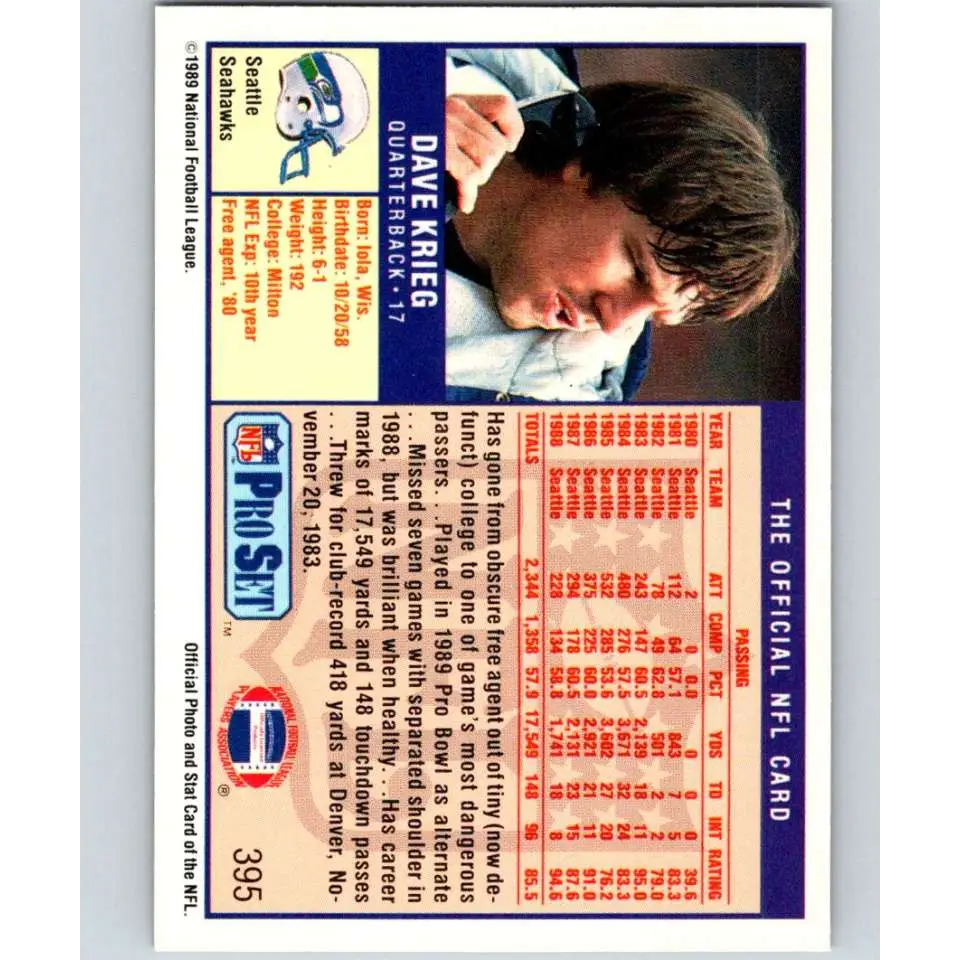 1989 Pro Set #395 Dave Krieg NM-MT Seattle Seahawks Football Card Image 2