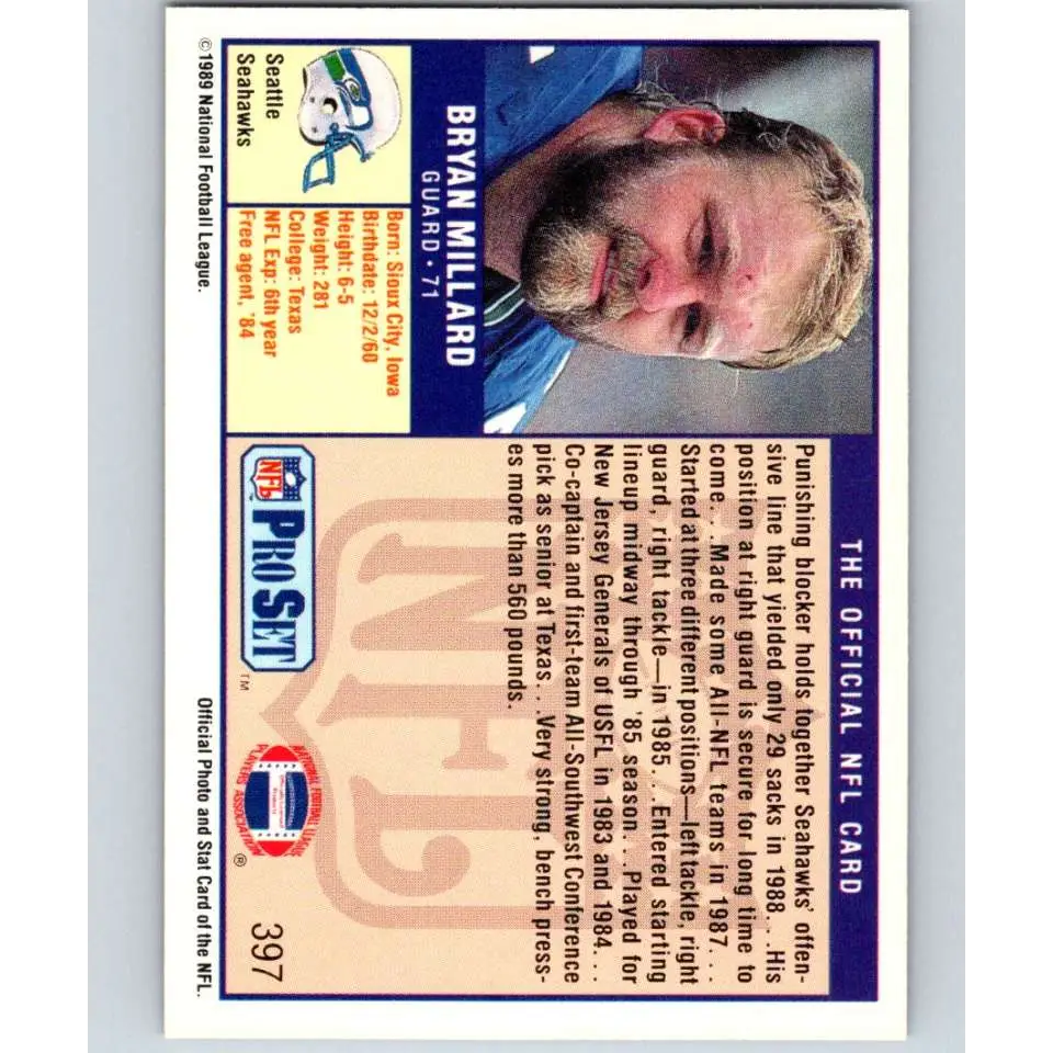 1989 Pro Set #397 Bryan Millard NM-MT RC Rookie Seattle Seahawks Football Card Image 2