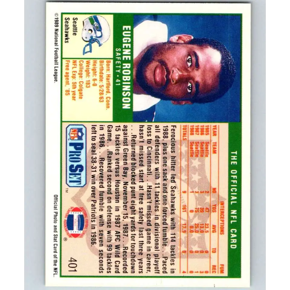 1989 Pro Set #401 Eugene Robinson NM-MT RC Rookie Seattle Seahawks Football Card Image 2