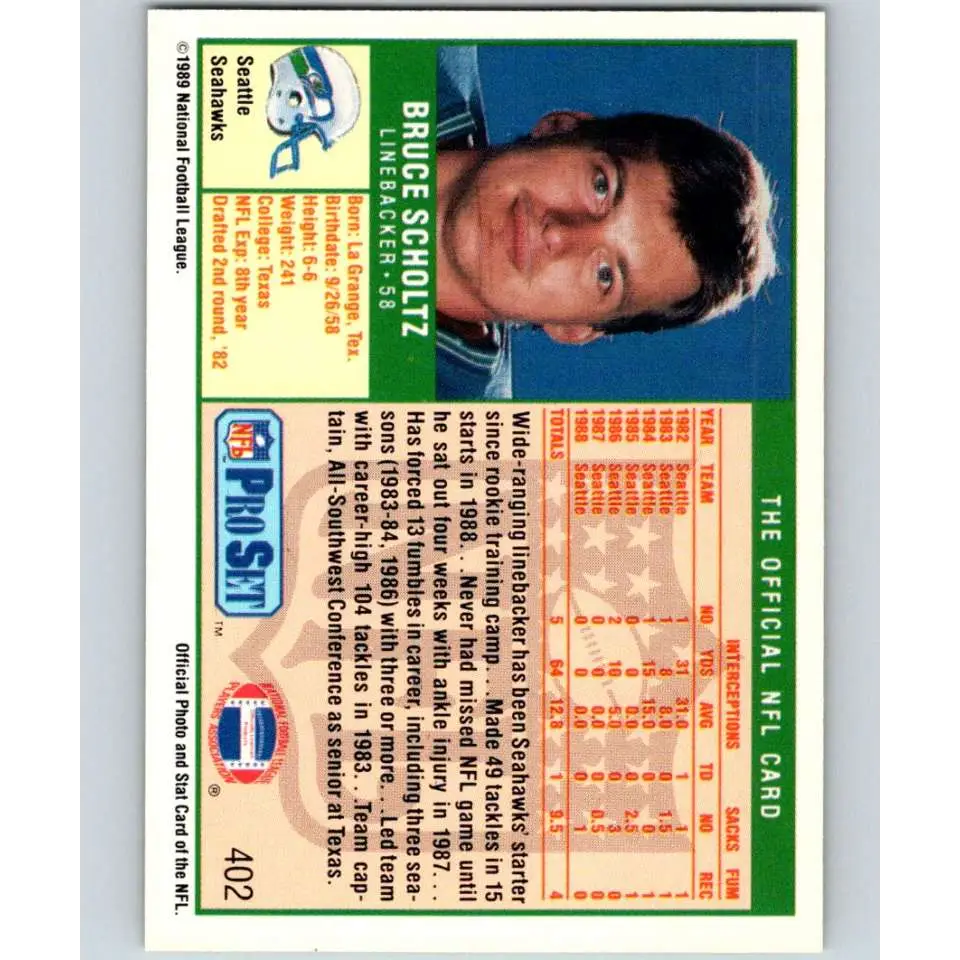 1989 Pro Set #402 Bruce Scholtz NM-MT Seattle Seahawks Football Card Image 2