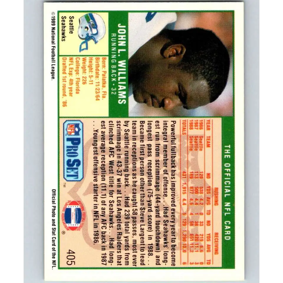 1989 Pro Set #405 John Williams NM-MT Seattle Seahawks Football Card Image 2