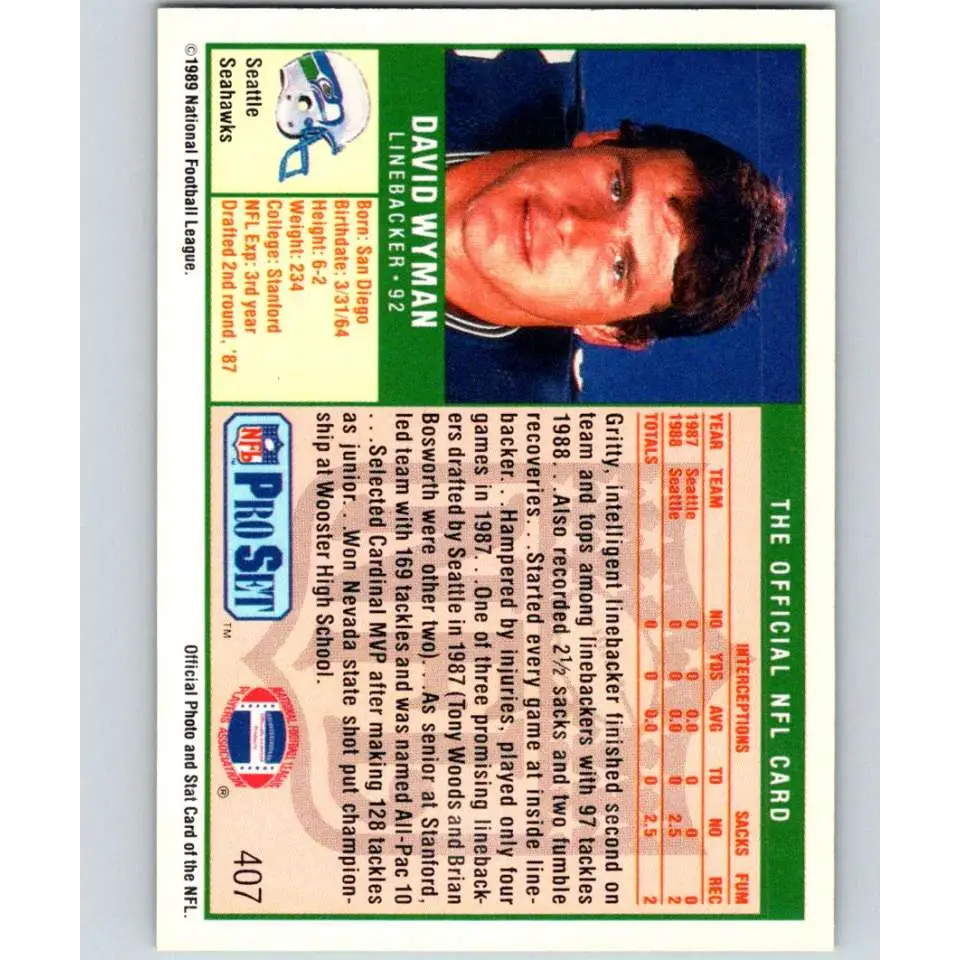 1989 Pro Set #407 David Wyman NM-MT Seattle Seahawks Football Card Image 2