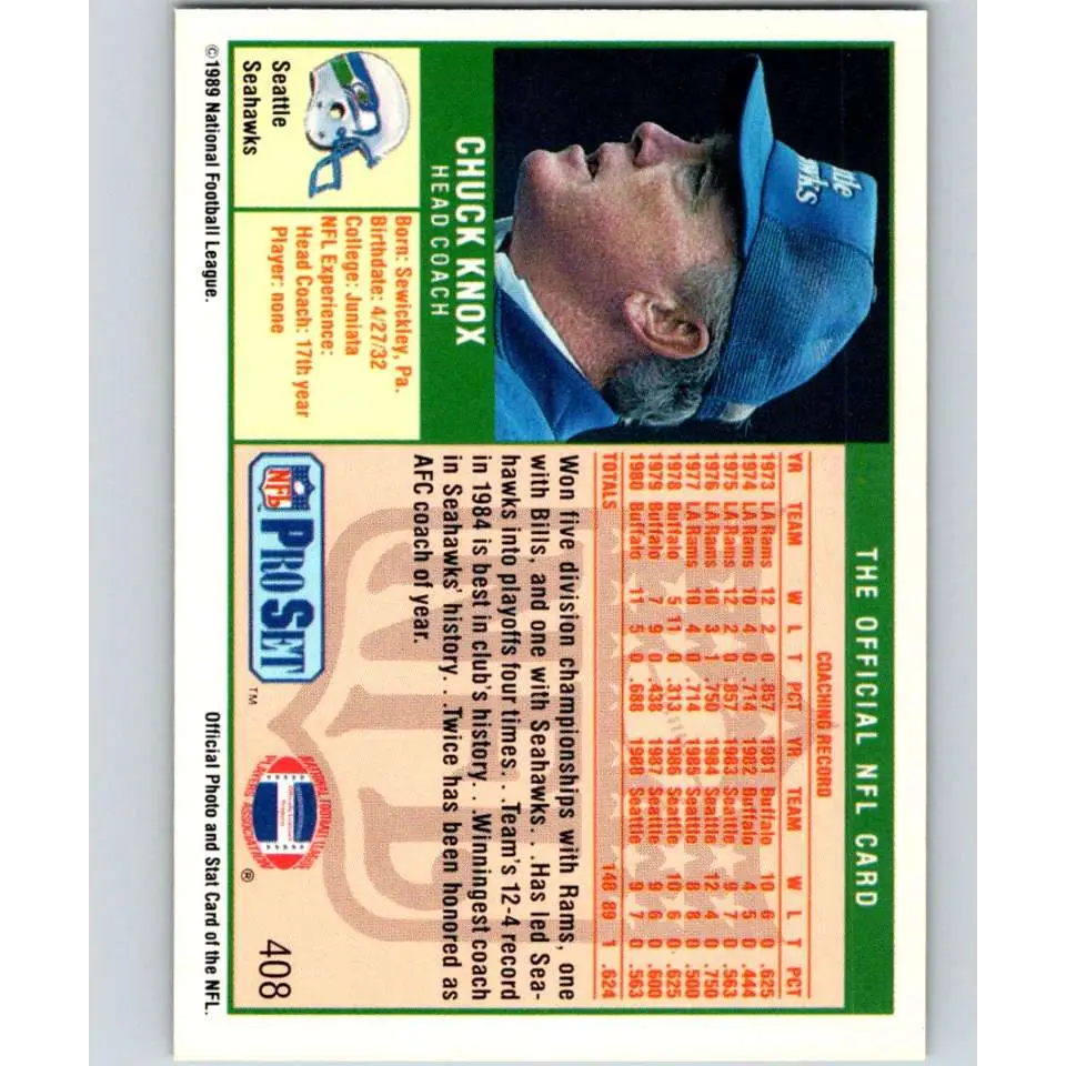 1989 Pro Set #408 Chuck Knox CO NM-MT Seattle Seahawks Football Card Image 2