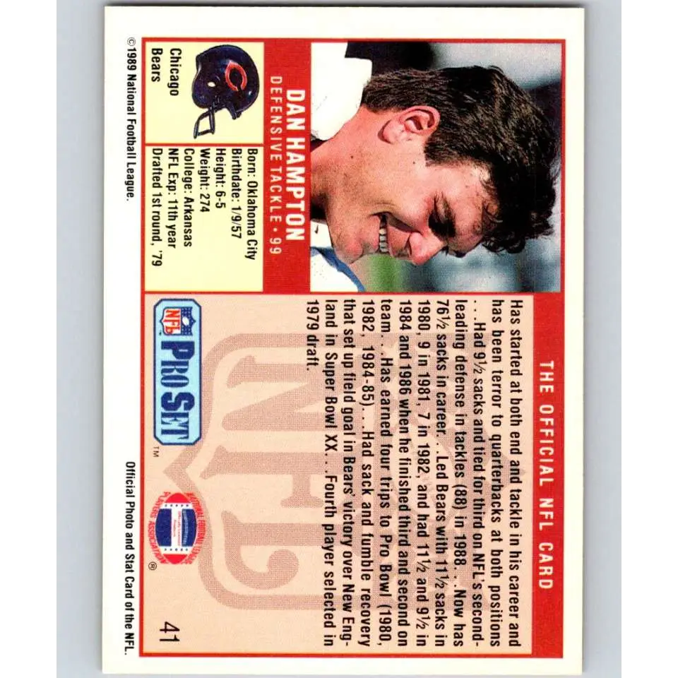 1989 Pro Set #41 Dan Hampton NM-MT Chicago Bears Football Card Image 2