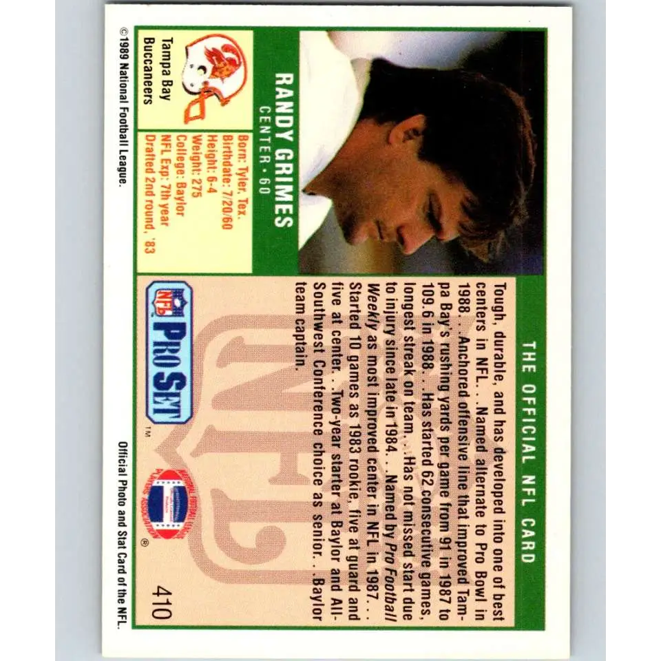 1989 Pro Set #410 Randy Grimes NM-MT Tampa Bay Buccaneers Football Card Image 2