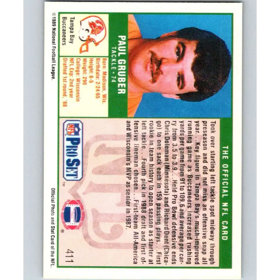 1989 Pro Set #411 Paul Gruber NM-MT RC Rookie Tampa Bay Buccaneers Football Card Image 2