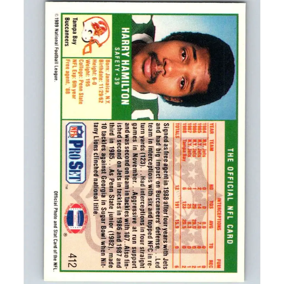 1989 Pro Set #412 Harry Hamilton NM-MT Tampa Bay Buccaneers Football Card Image 2