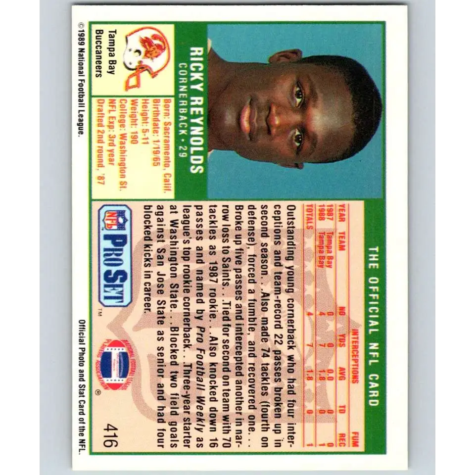 1989 Pro Set #416 Ricky Reynolds NM-MT Tampa Bay Buccaneers Football Card Image 2