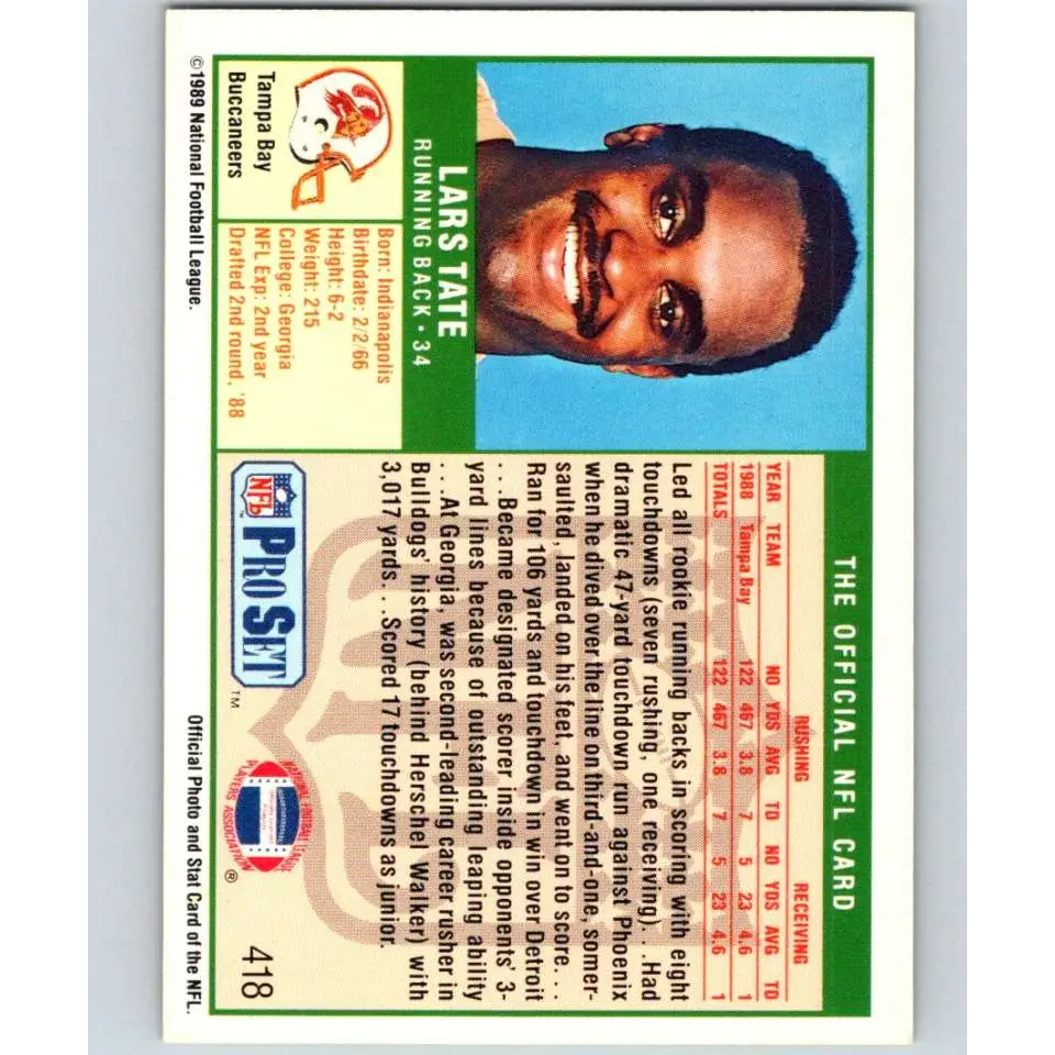 1989 Pro Set #418 Lars Tate NM-MT Tampa Bay Buccaneers Football Card Image 2