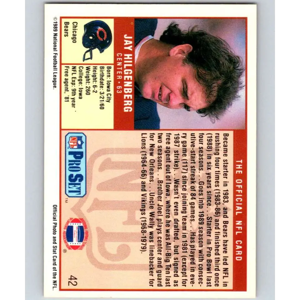 1989 Pro Set #42 Jay Hilgenberg NM-MT Chicago Bears Football Card Image 2