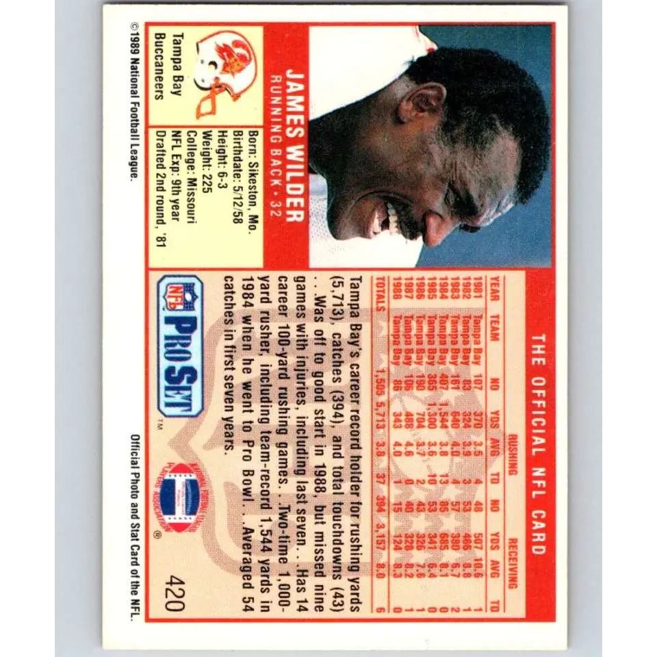 1989 Pro Set #420 James Wilder NM-MT Tampa Bay Buccaneers Football Card Image 2