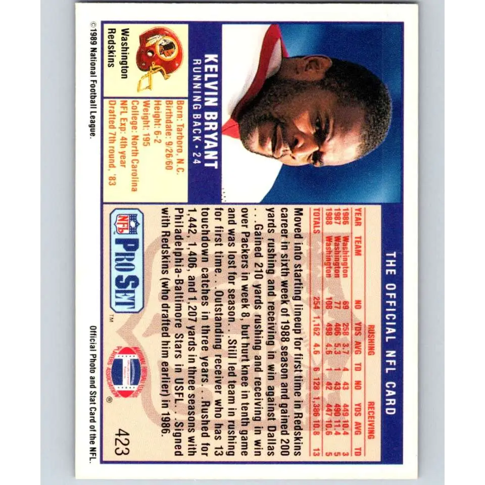 1989 Pro Set #423 Kelvin Bryant NM-MT Washington Redskins Football Card Image 2