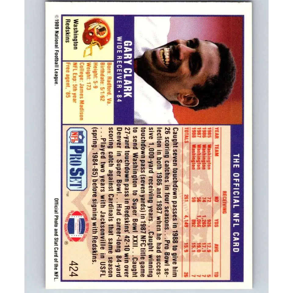 1989 Pro Set #424 Gary Clark NM-MT Washington Redskins Football Card Image 2