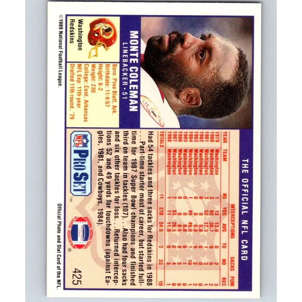 1989 Pro Set #425 Monte Coleman NM-MT Washington Redskins Football Card Image 2