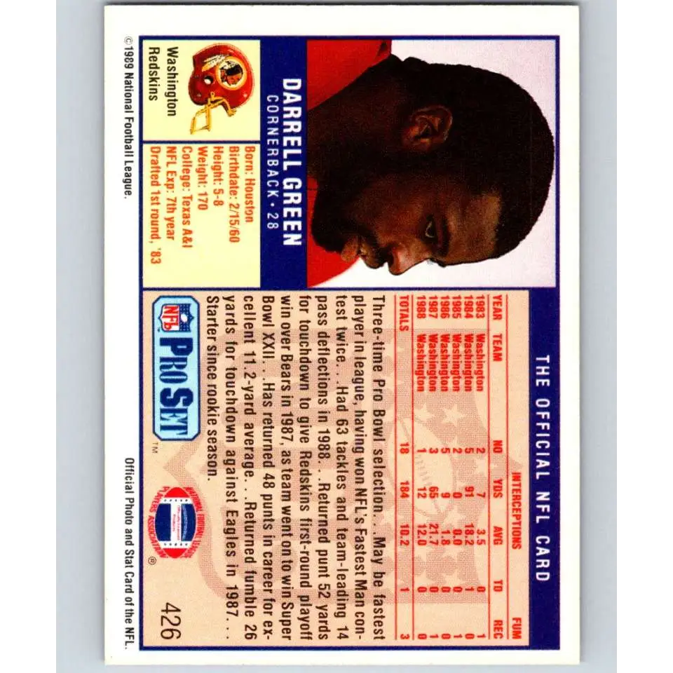1989 Pro Set #426 Darrell Green NM-MT Washington Redskins Football Card Image 2