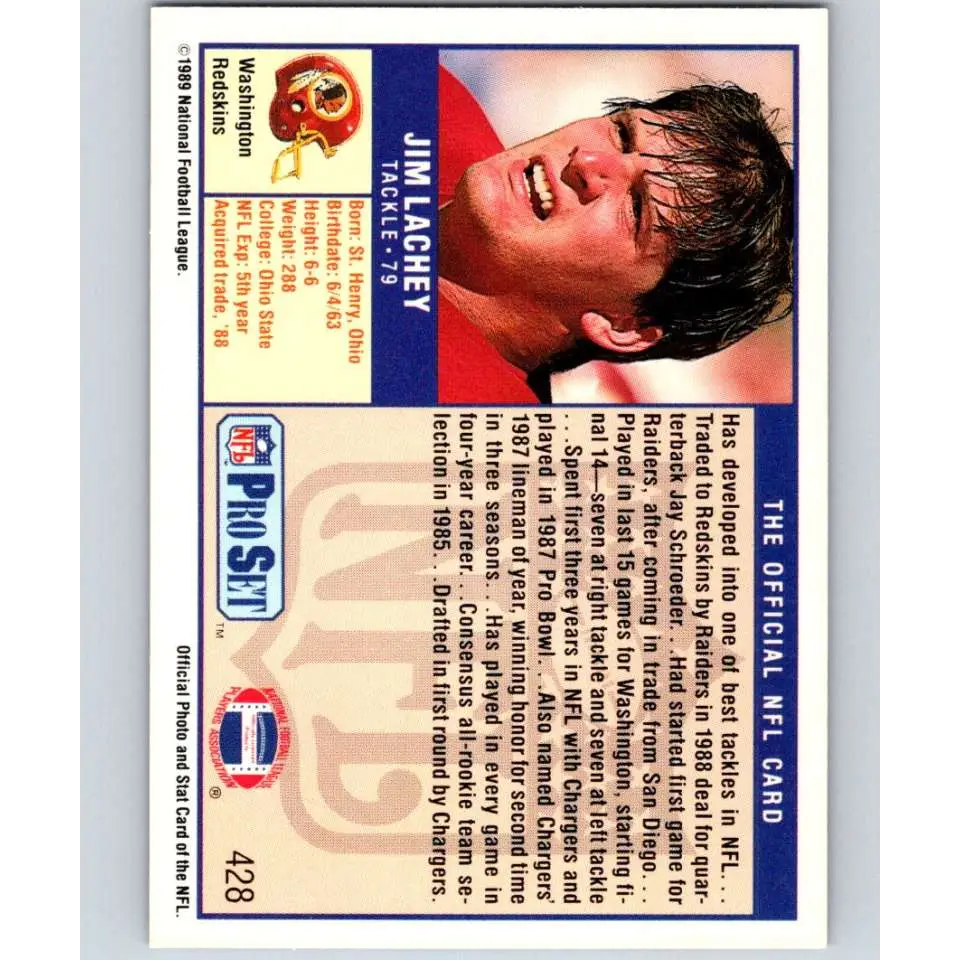 1989 Pro Set #428 Jim Lachey NM-MT Washington Redskins Football Card Image 2