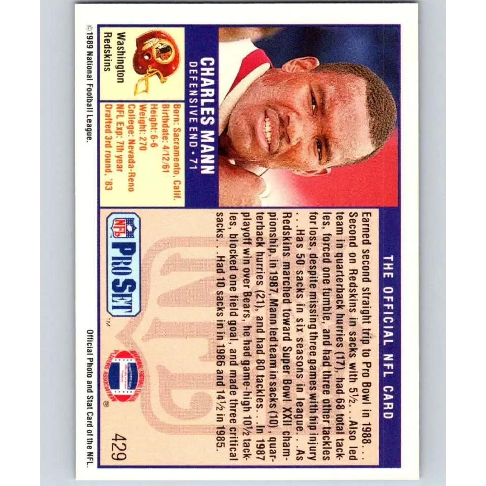 1989 Pro Set #429 Charles Mann NM-MT Washington Redskins Football Card Image 2