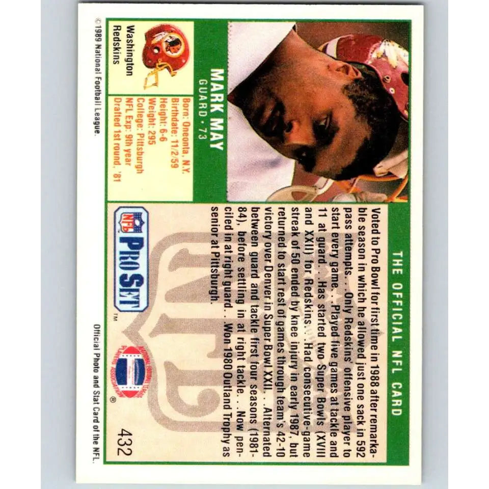 1989 Pro Set #432 Mark May NM-MT RC Rookie Washington Redskins Football Card Image 2