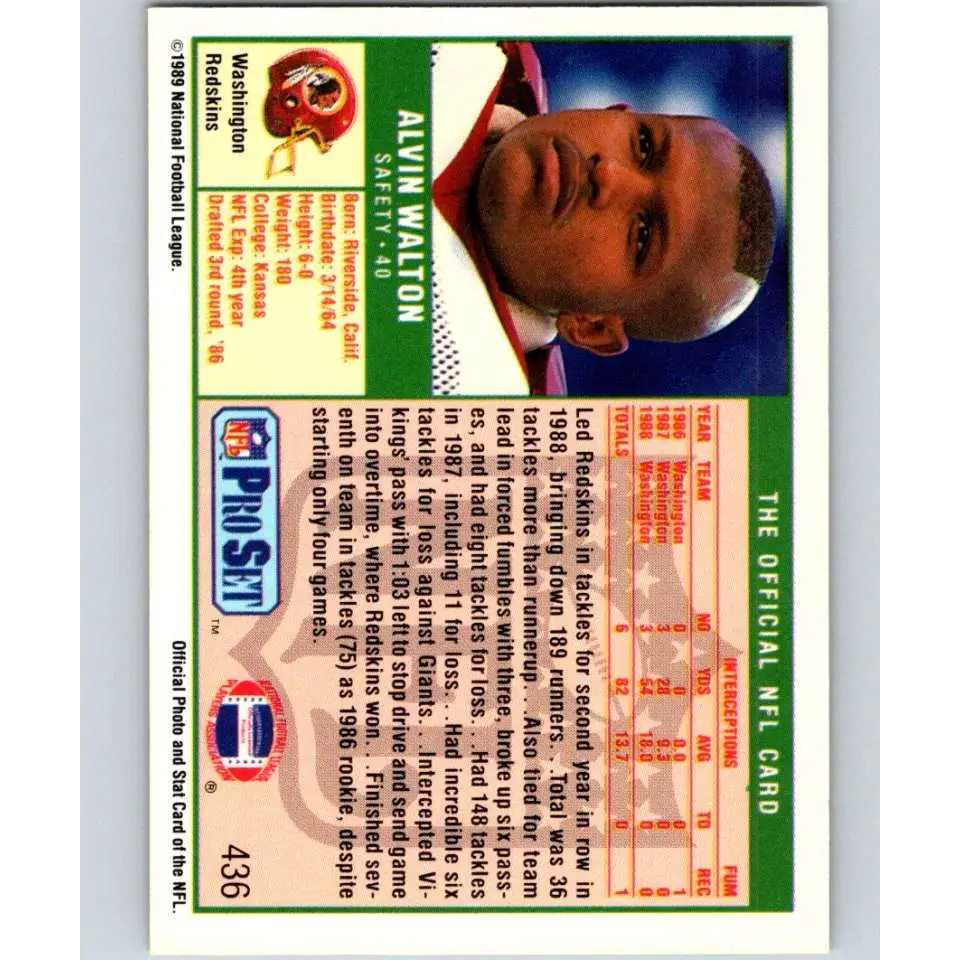 1989 Pro Set #436 Alvin Walton NM-MT RC Rookie Washington Redskins Football Card Image 2