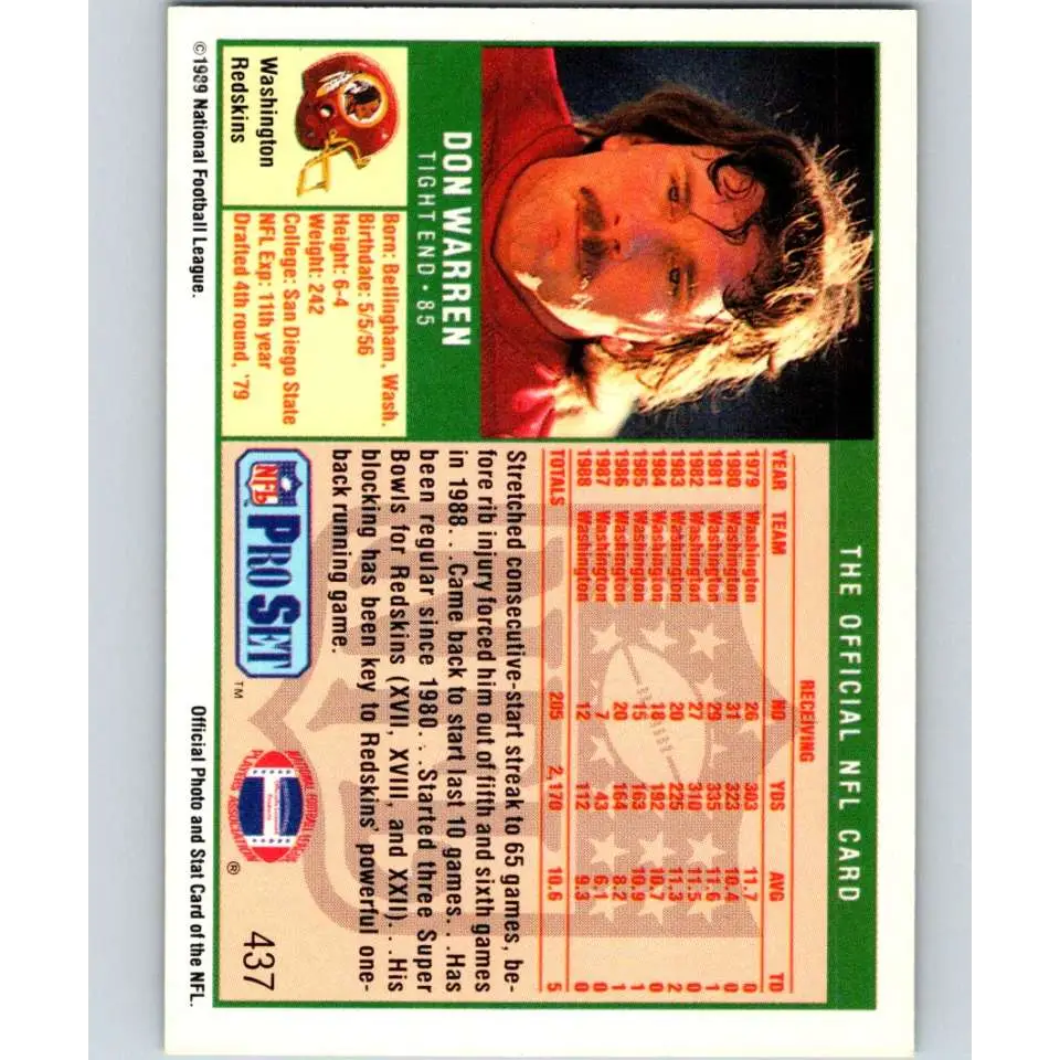 1989 Pro Set #437 Don Warren NM-MT Washington Redskins Football Card Image 2