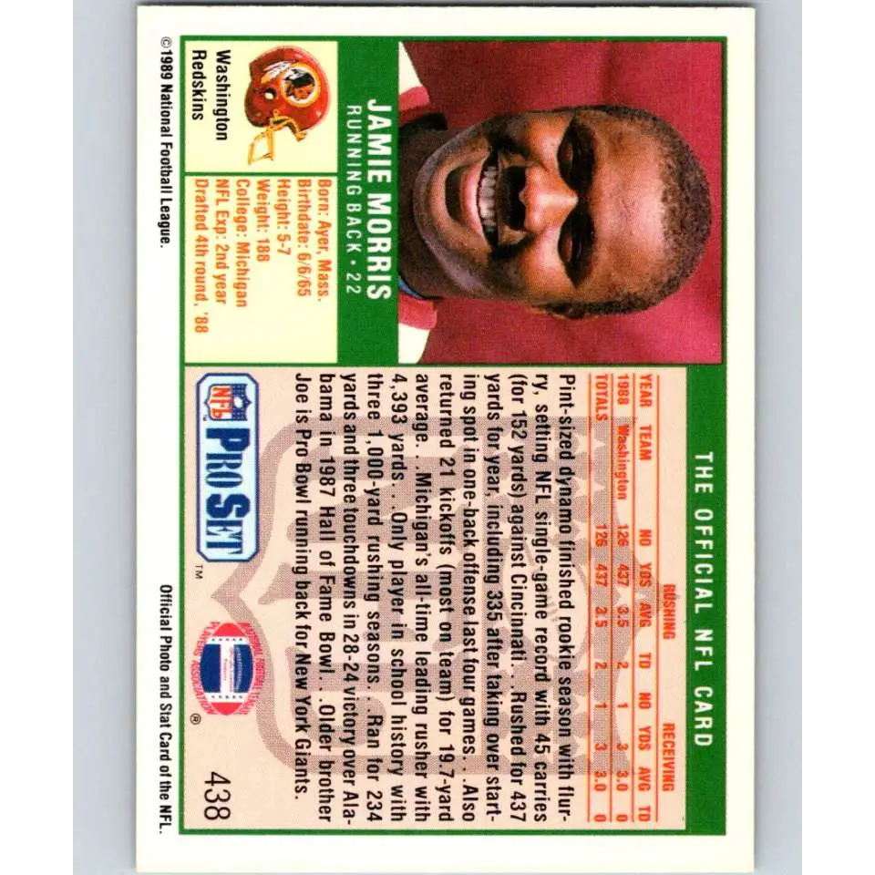 1989 Pro Set #438 Jamie Morris NM-MT RC Rookie Washington Redskins Football Card Image 2