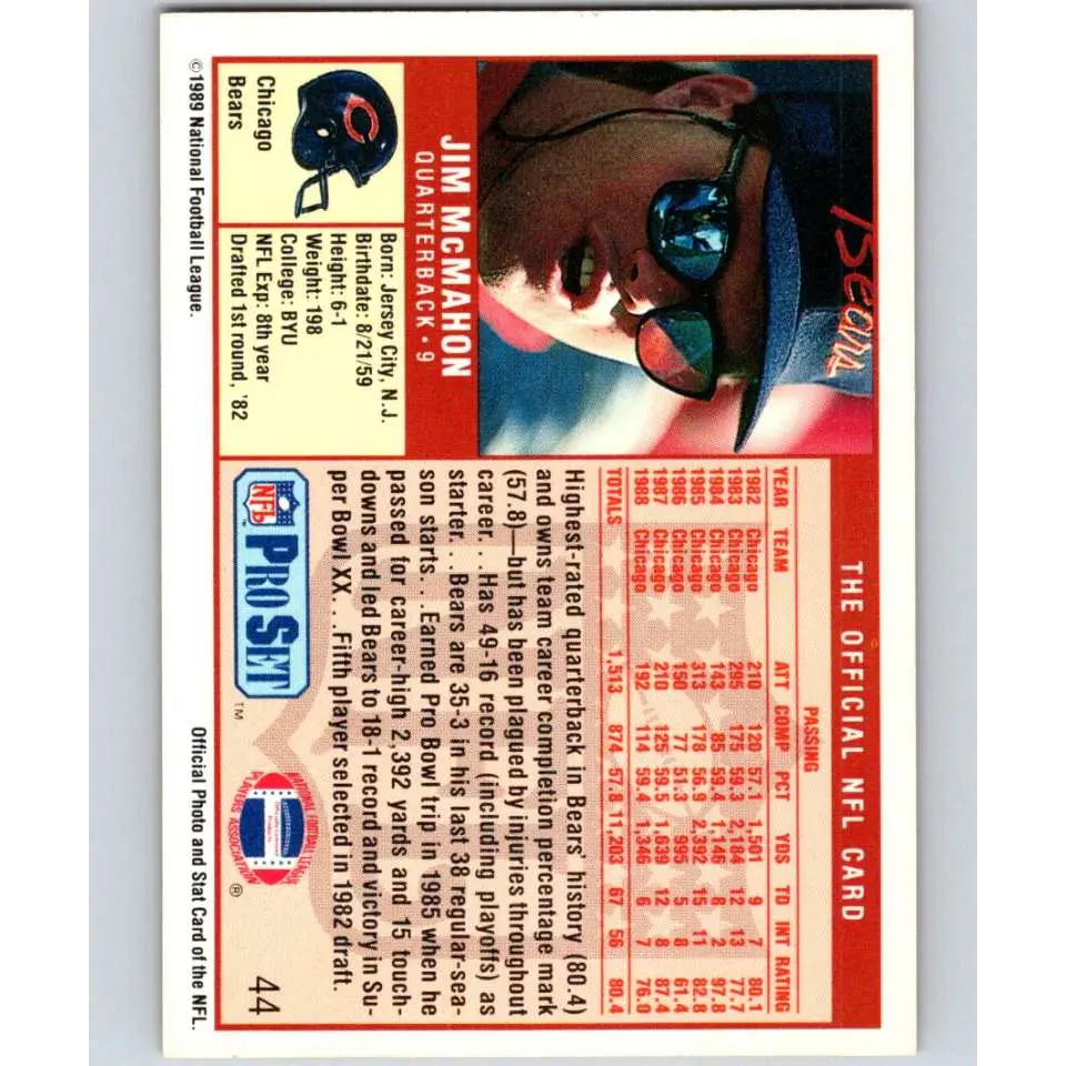 1989 Pro Set #44 Jim McMahon NM-MT Chicago Bears Football Card Image 2