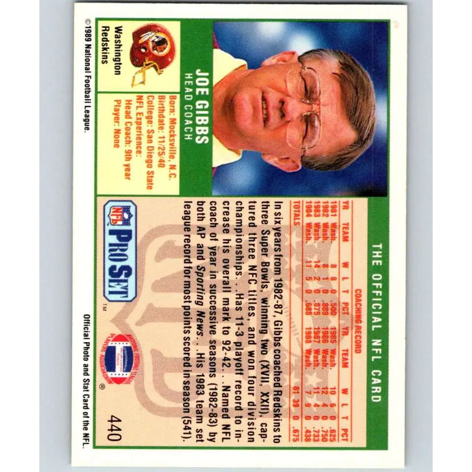 1989 Pro Set #440 Joe Gibbs/ NM-MT RC Rookie Washington Redskins Football Card Image 2