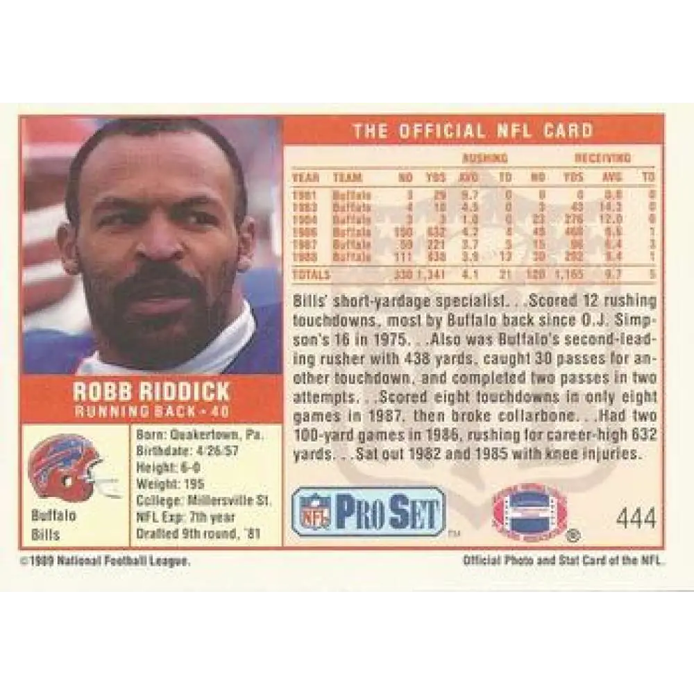 1989 Pro Set #444 Robb Riddick NM-MT Buffalo Bills Football Card Image 2