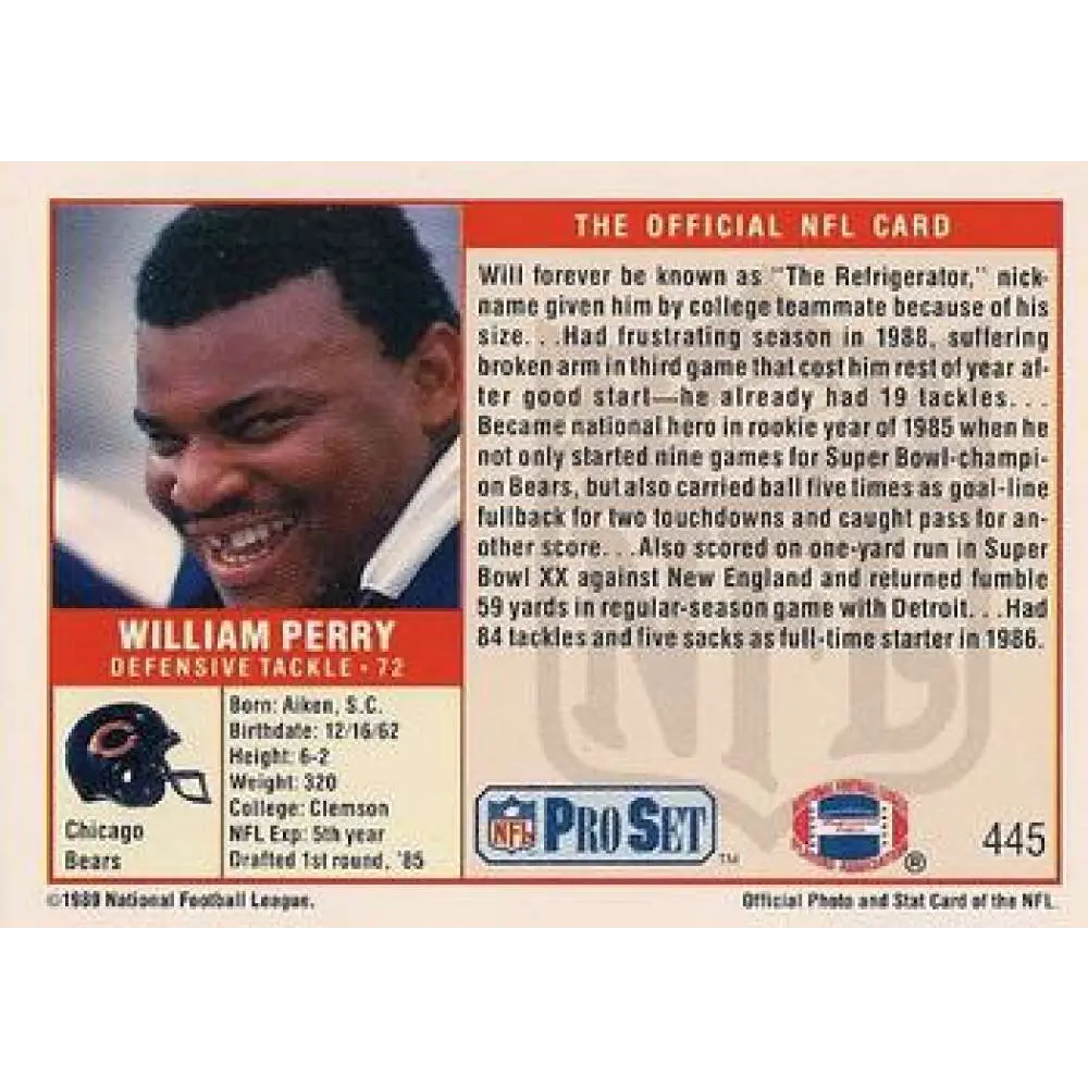1989 Pro Set #445 William Perry NM-MT Chicago Bears Football Card Image 2