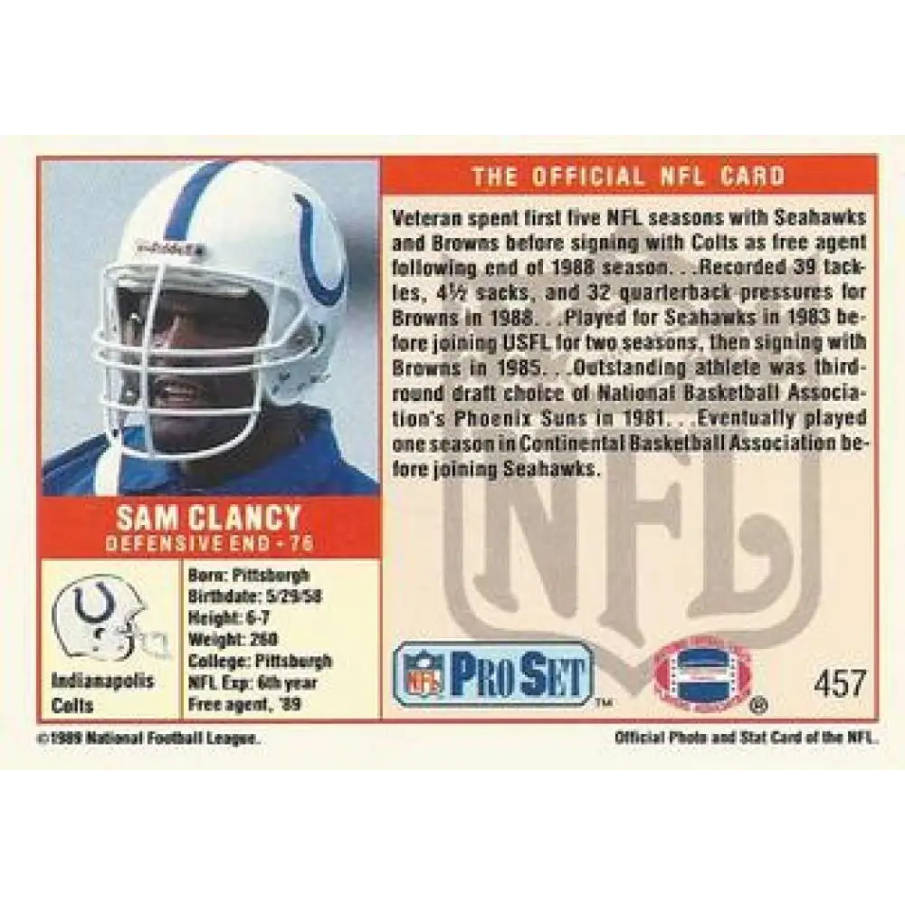 1989 Pro Set #457 Sam Clancy NM-MT RC Rookie Indianapolis Colts Football Card Image 2