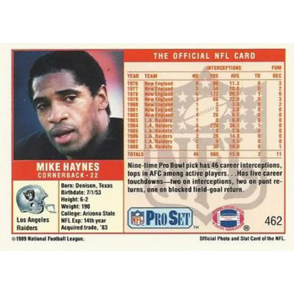 1989 Pro Set #462 Mike Haynes NM-MT Los Angeles Raiders Football Card Image 2