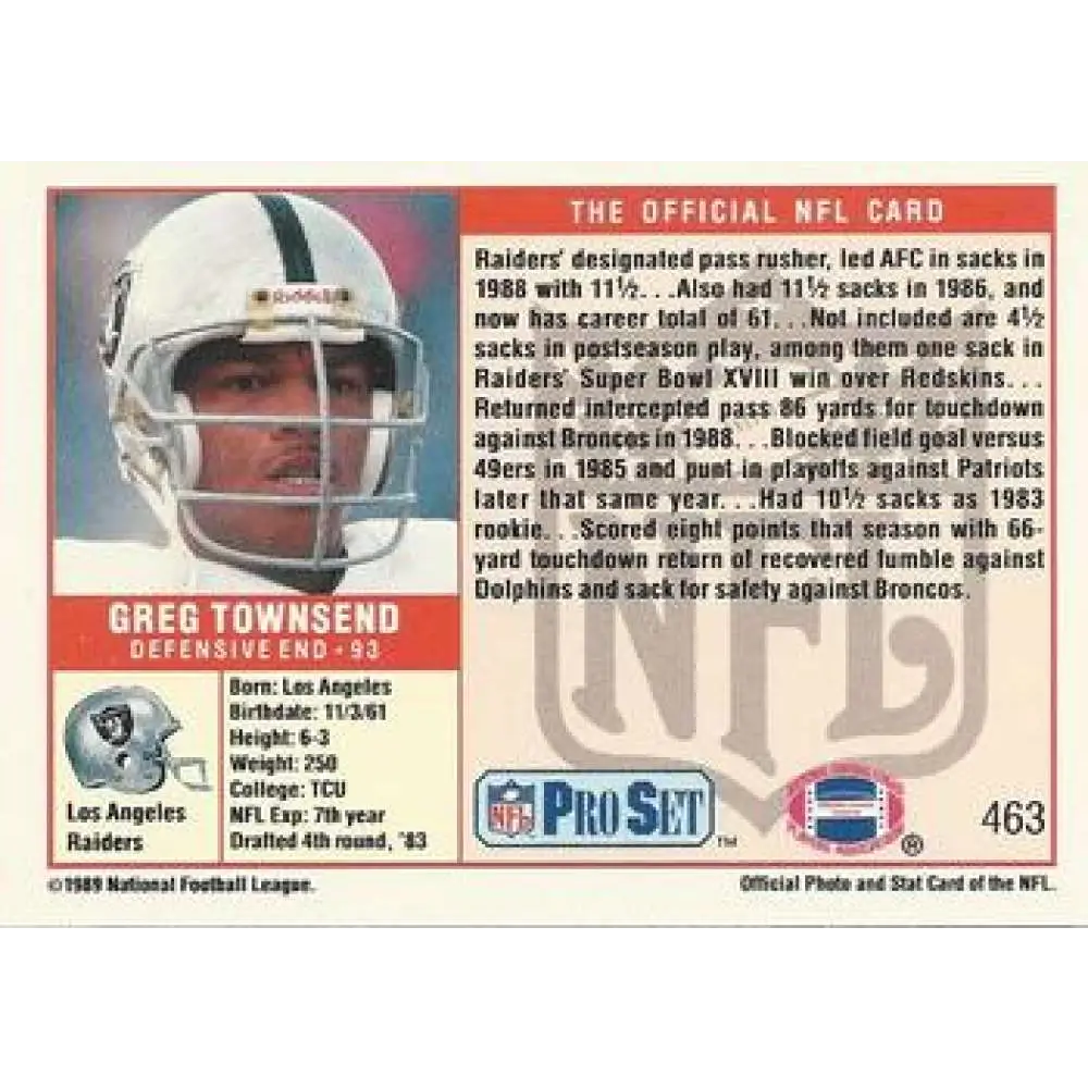 1989 Pro Set #463 Greg Townsend NM-MT Los Angeles Raiders Football Card Image 2