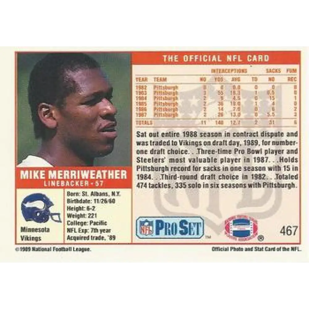 1989 Pro Set #467 Mike Merriweather NM-MT Minnesota Vikings Football Card Image 2