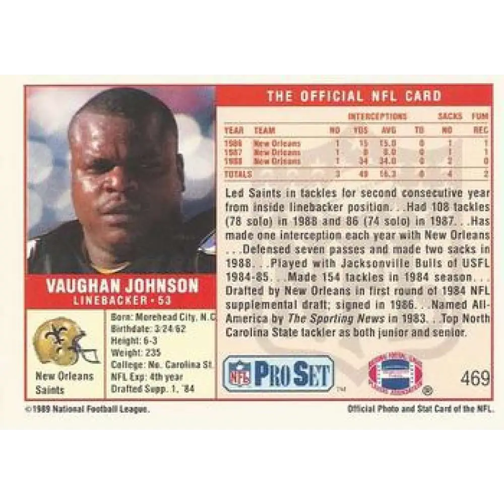 1989 Pro Set #469 Vaughan Johnson NM-MT RC Rookie New Orleans Saints Football Card Image 2