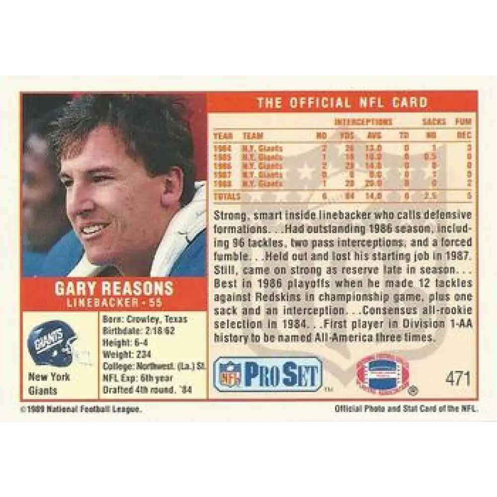 1989 Pro Set #471 Gary Reasons NM-MT RC Rookie New York Giants Football Card Image 2