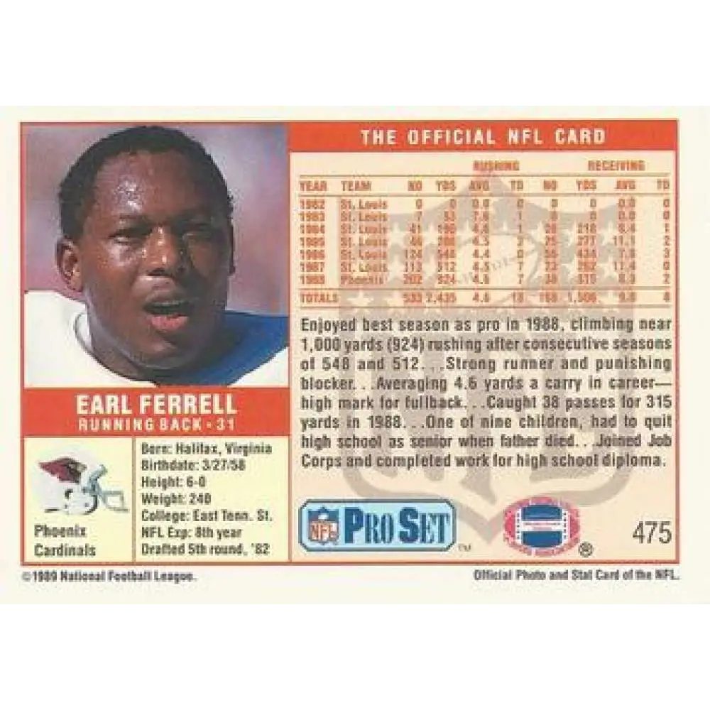 1989 Pro Set #475 Earl Ferrell NM-MT Phoenix Cardinals Football Card Image 2