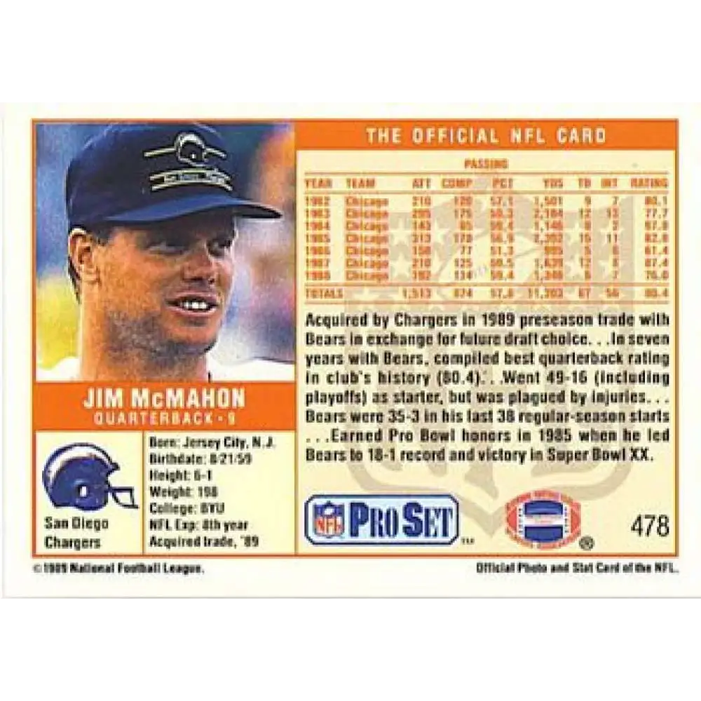 1989 Pro Set #478a Jim McMahon NM-MT San Diego Chargers Football Card Image 2